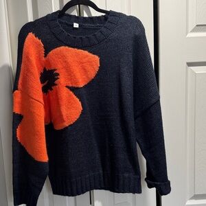 Women's Navy Knit Sweater with Orange Floral Accent
